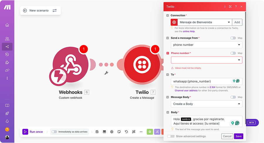 Integración de Twilio con Make para configurar WhatsApp automático en Systeme.io