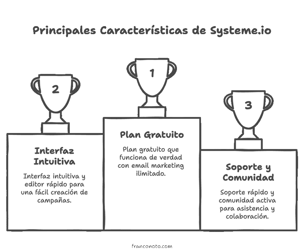 Principales características de Systeme.io que explican qué es Systeme: plan gratuito funcional, interfaz intuitiva para crear campañas y soporte con comunidad activa.